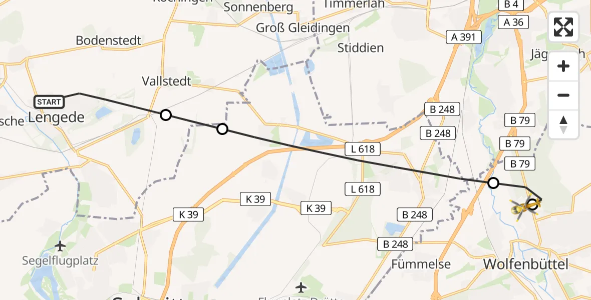 Flugroute Rettungshubschrauber Lengede - Wolfenbüttel Municipal Hospital Heliport (Christoph 30), 23 April 2026, 14:27