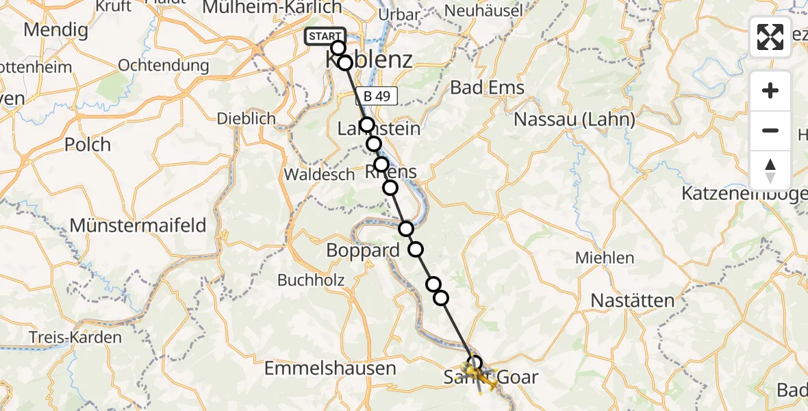 Flugroute Rettungshubschrauber Koblenz - Sankt Goar, 23 April 2026, 14:30