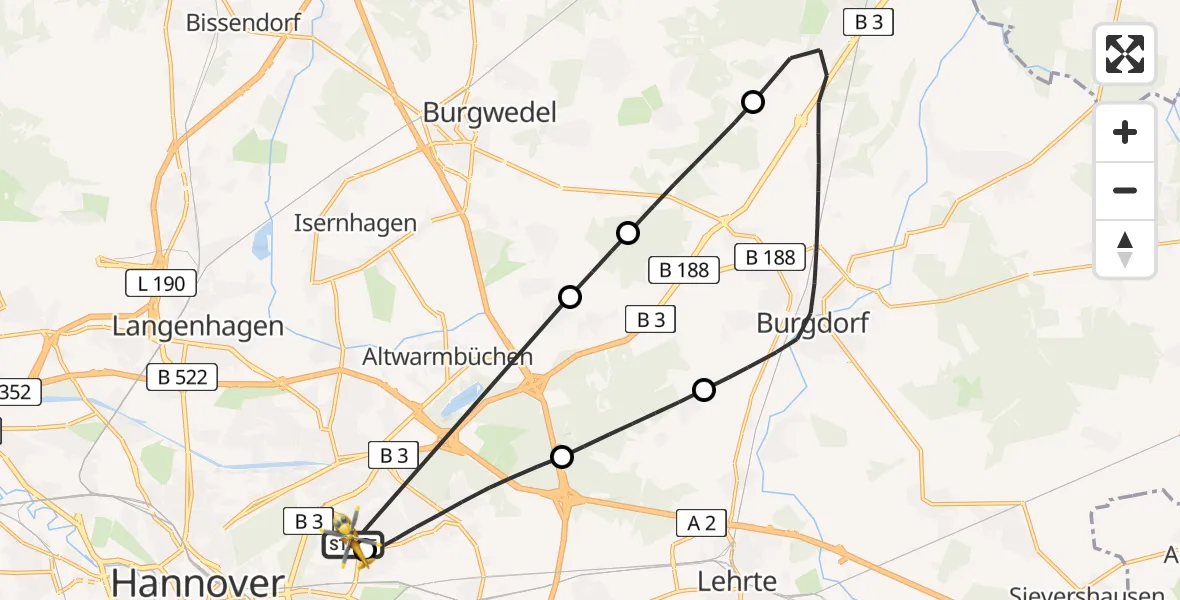 Flugroute Rettungshubschrauber Hannover Luftrettung Hubschrauberlandeplatz (Christoph 4) - Hannover Luftrettung Hubschrauberlandeplatz (Christoph 4), 23 April 2026, 14:43