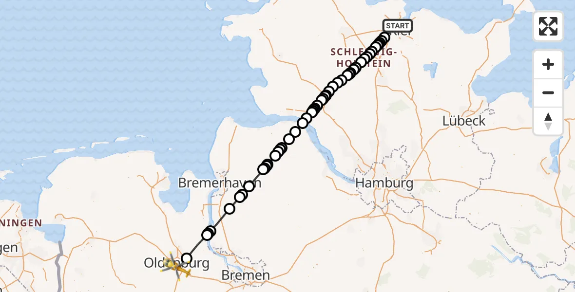 Flugroute Ambulanzhubschrauber Kiel - Oldenburg (Oldb), 23 April 2026, 14:44