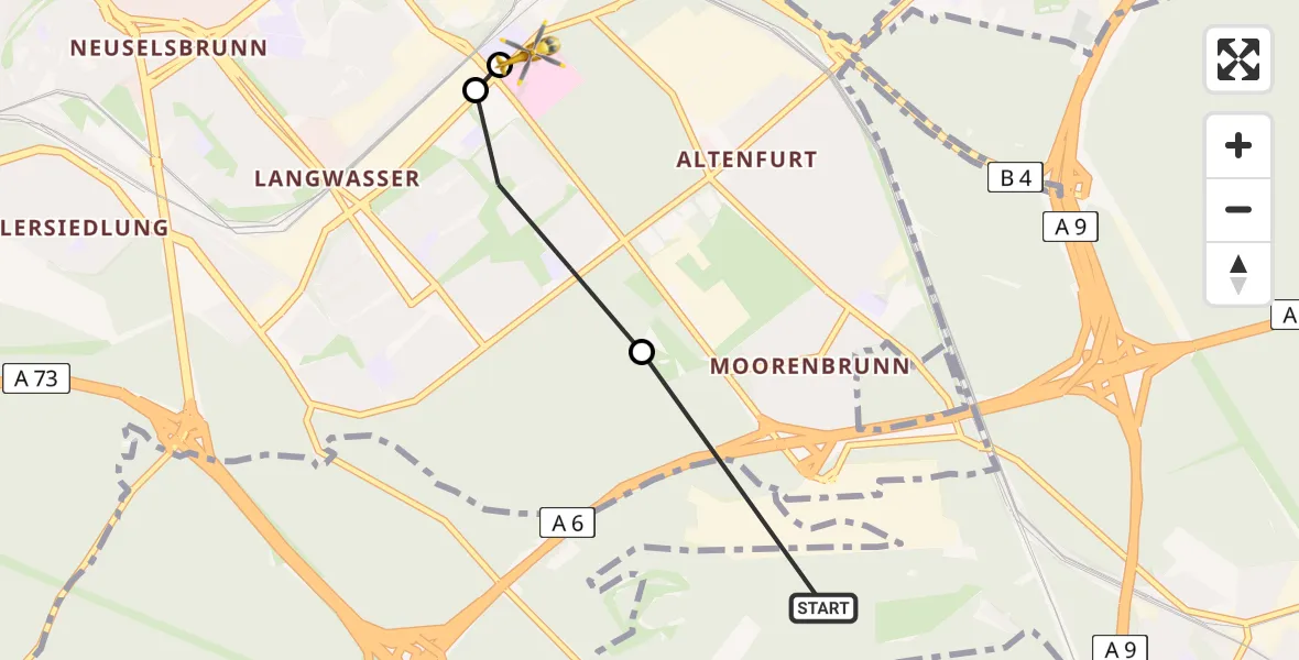 Flugroute Rettungshubschrauber Feucht - Nürnberg South Hospital, 23 April 2026, 14:48