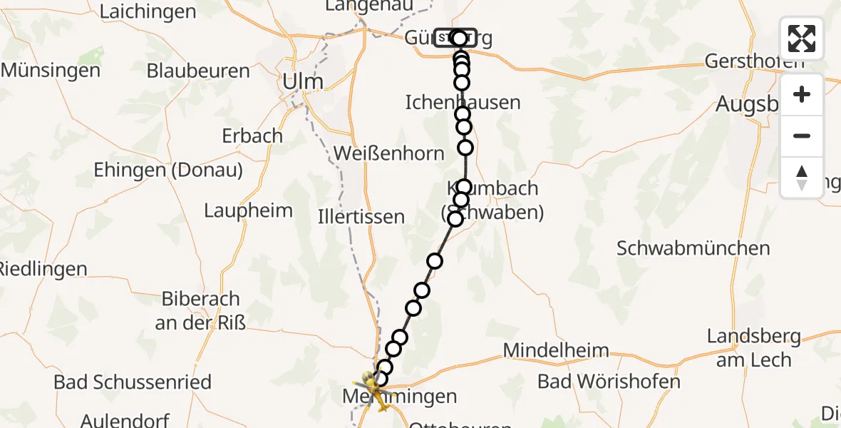 Flugroute Rettungshubschrauber Günzburg Hospital - Buxheim, 23 April 2026, 14:49
