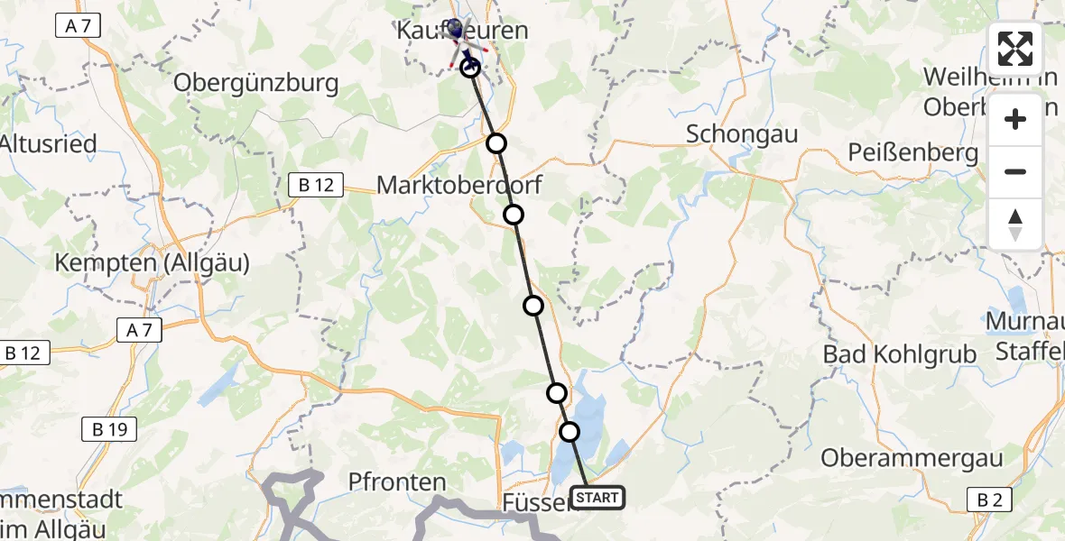 Flugroute Polizeihubschrauber Schwangau - Kaufbeuren, 23 April 2026, 14:50