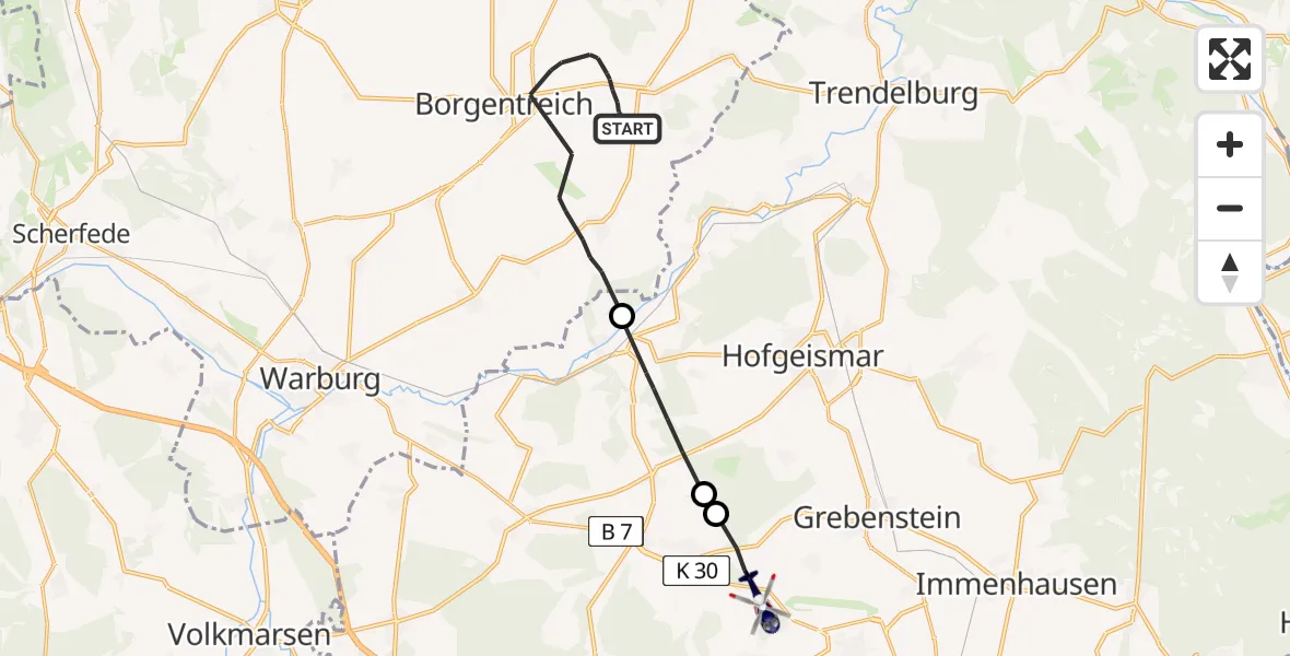 Flugroute Polizeihubschrauber Borgentreich - Calden, 23 April 2026, 14:50