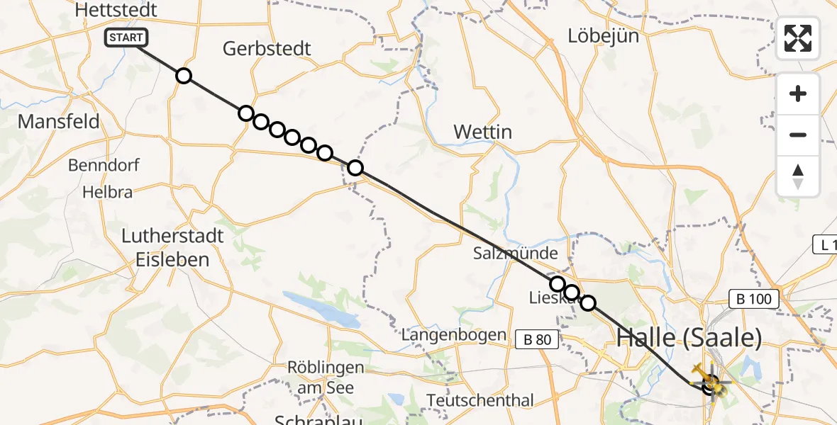 Flugroute Rettungshubschrauber Hettstedt - BG Hospital Bergmannstrost Halle, 23 April 2026, 14:52