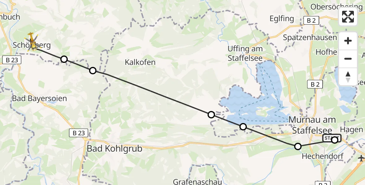 Flugroute Rettungshubschrauber Murnau Accident Hospital - Rottenbuch, 23 April 2026, 14:55