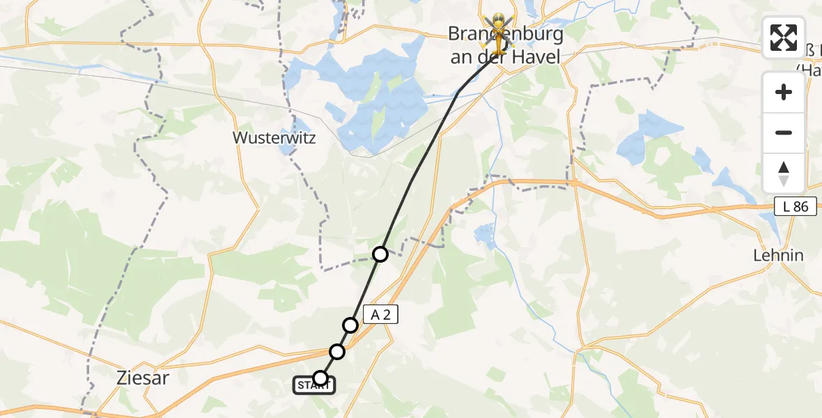 Flugroute Rettungshubschrauber Ziesar - Brandenburg an der Havel, 23 April 2026, 14:57