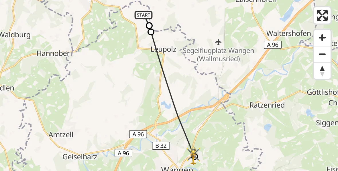 Flugroute Rettungshubschrauber Wangen im Allgäu - Westallgäu Clinic Wangen Hubschrauberlandeplatz, 23 April 2026, 15:00