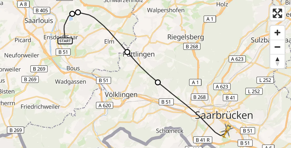 Flugroute Rettungshubschrauber Ensdorf - Saarbrücken, 23 April 2026, 15:04