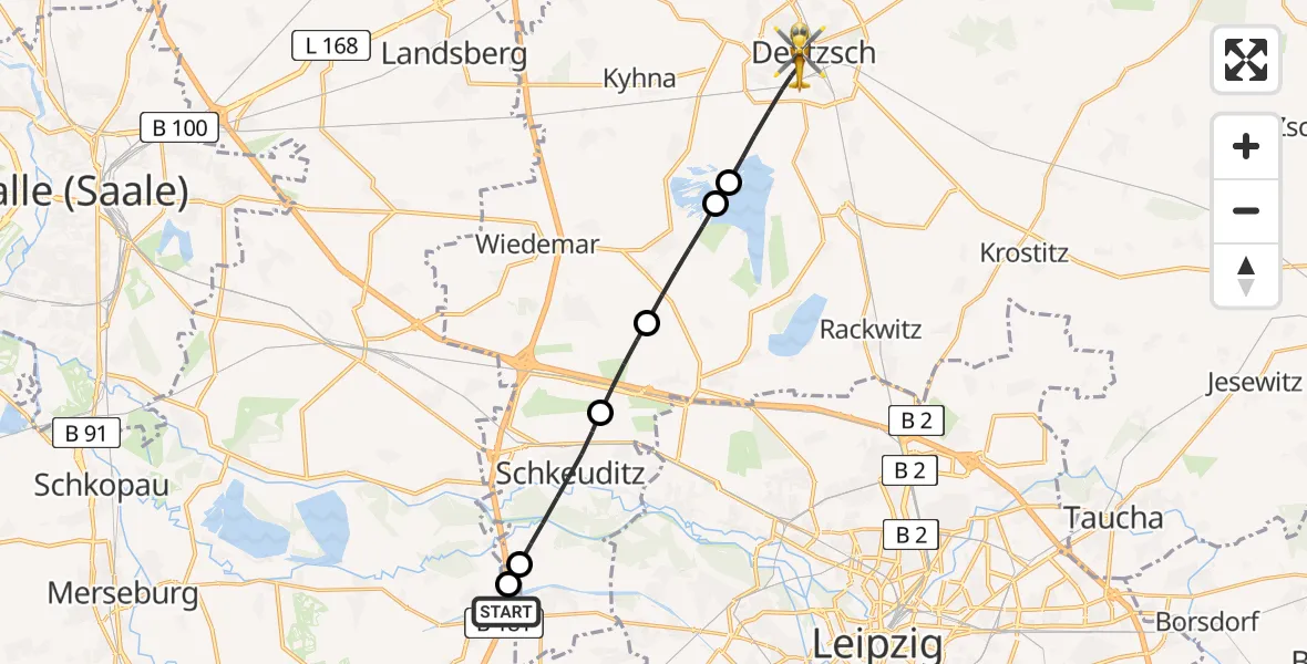 Flugroute Rettungshubschrauber ADAC Air Rescue Station Leipzig/Schkeuditz-Dölzig Hubschrauberlandeplatz (Christoph 61) - Delitzsch, 23 April 2026, 15:04