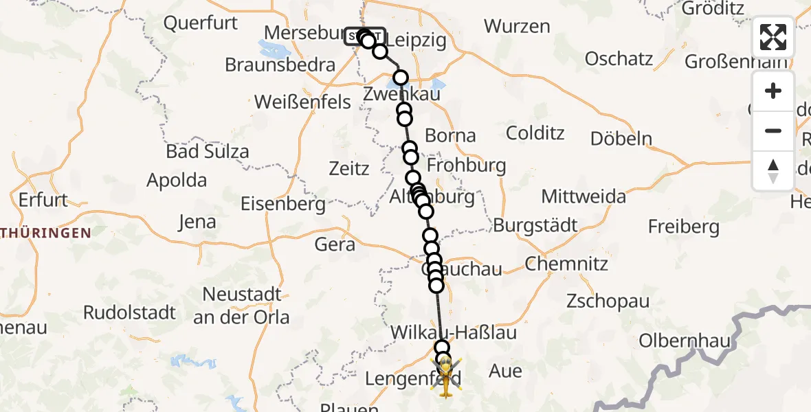 Flugroute Rettungshubschrauber ADAC Air Rescue Station Leipzig/Schkeuditz-Dölzig Hubschrauberlandeplatz (Christoph 61) - Crinitzberg, 23 April 2026, 15:05
