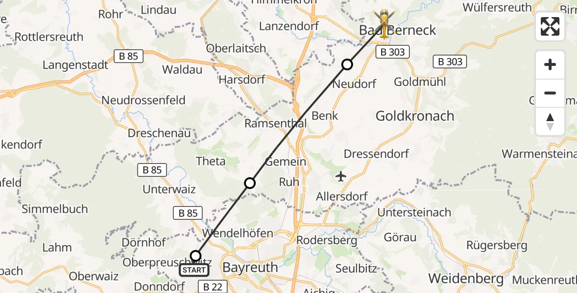 Flugroute Rettungshubschrauber Bayreuth Hospital - Bad Berneck i.Fichtelgebirge, 23 April 2026, 15:10