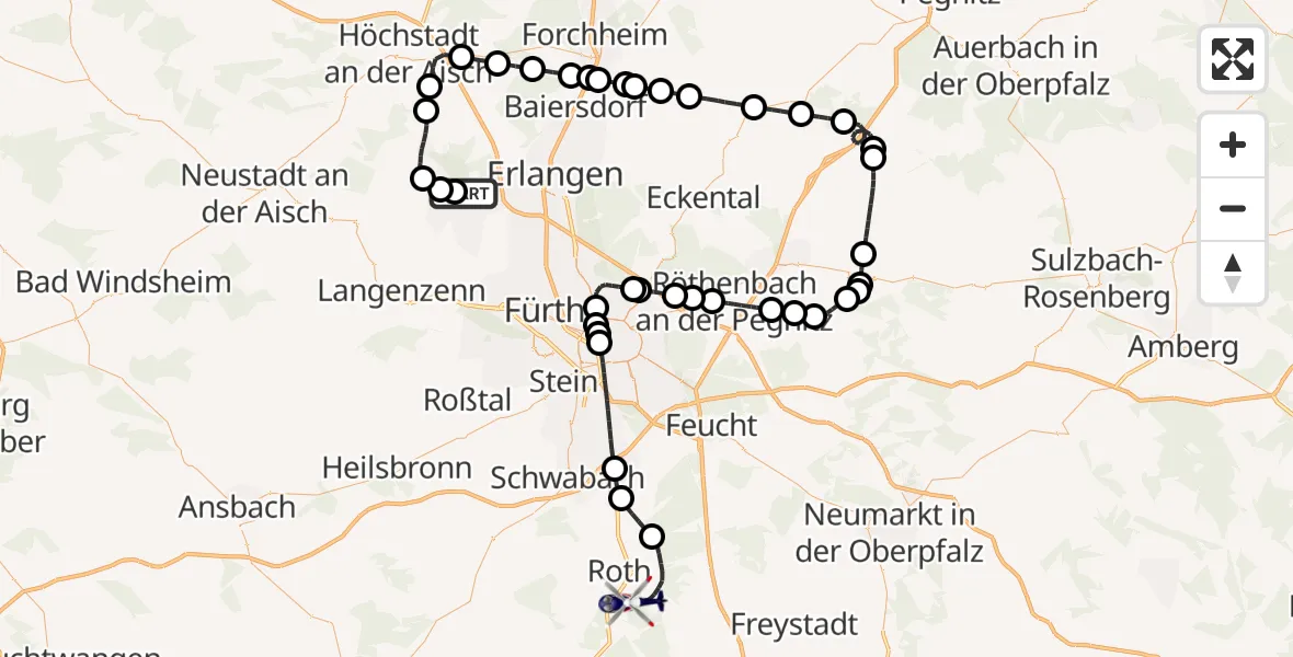 Flugroute Polizeihubschrauber Herzogenaurach Flugplatz - Roth, 23 April 2026, 15:16