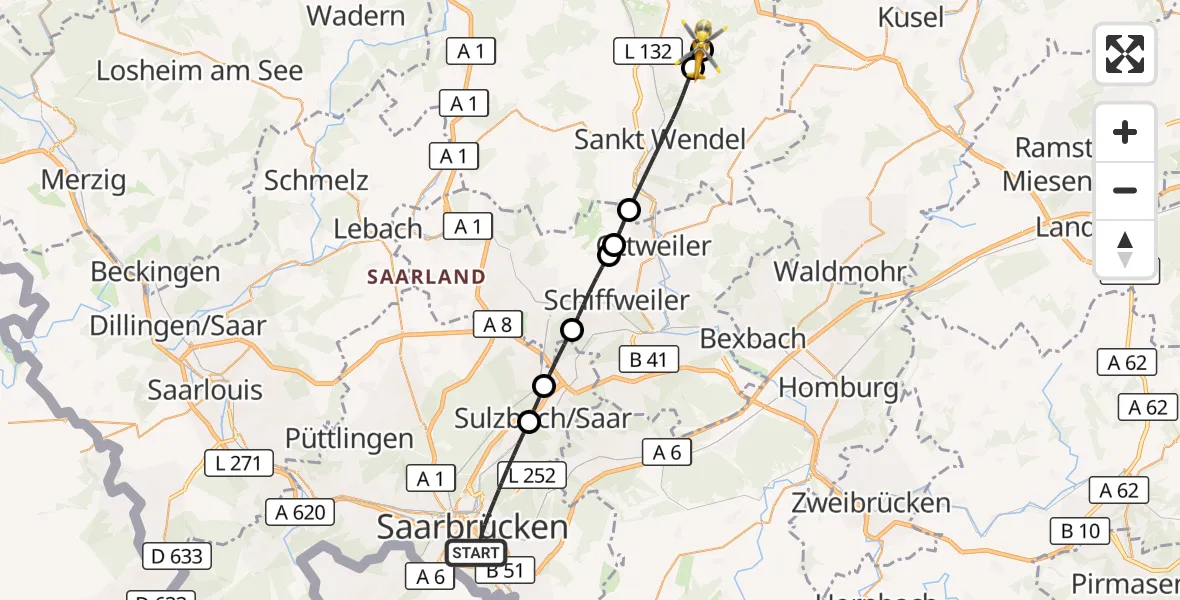 Flugroute Rettungshubschrauber Saarbrücken - Freisen, 23 April 2026, 15:19