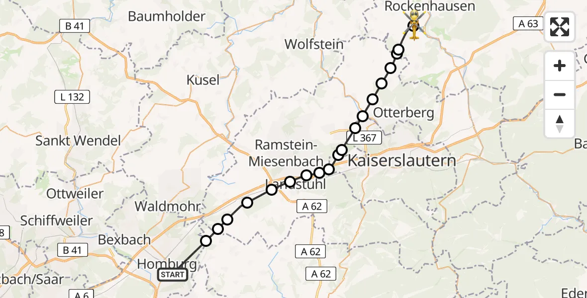 Flugroute Rettungshubschrauber Homburg - Imsweiler UL, 23 April 2026, 15:24