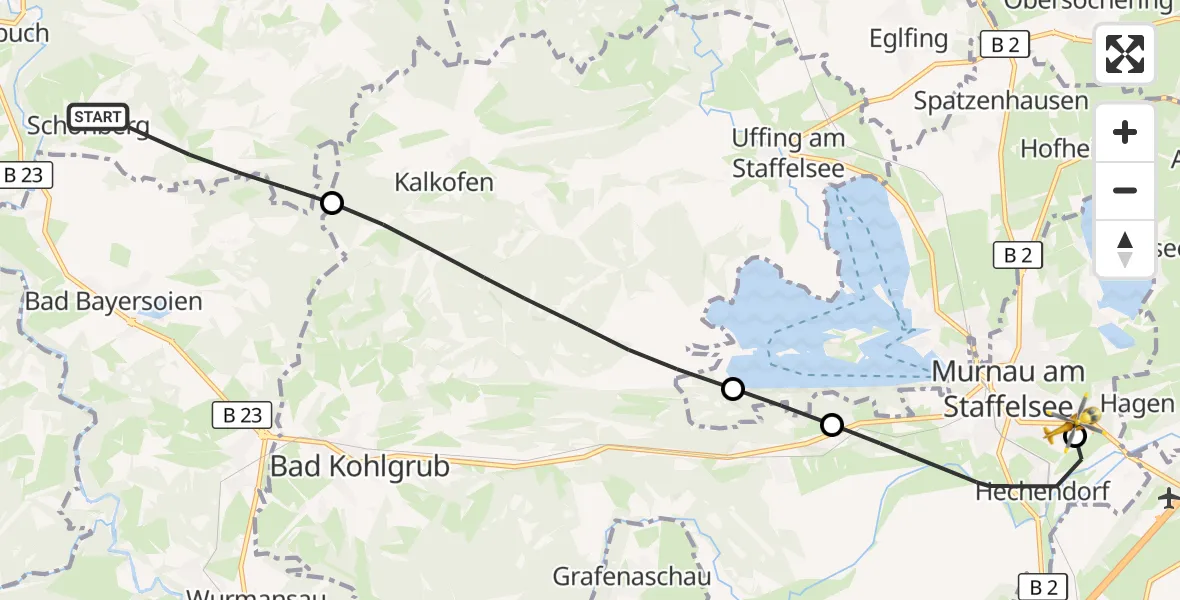 Flugroute Rettungshubschrauber Rottenbuch - Murnau Accident Hospital, 23 April 2026, 15:25