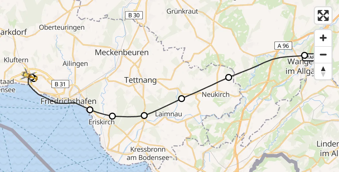 Flugroute Rettungshubschrauber Westallgäu Clinic Wangen Hubschrauberlandeplatz - Friedrichshafen, 23 April 2026, 15:28