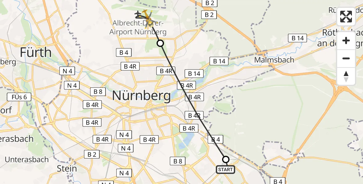 Flugroute Rettungshubschrauber Nürnberg South Hospital - Flughafen Nuremberg, 23 April 2026, 15:38