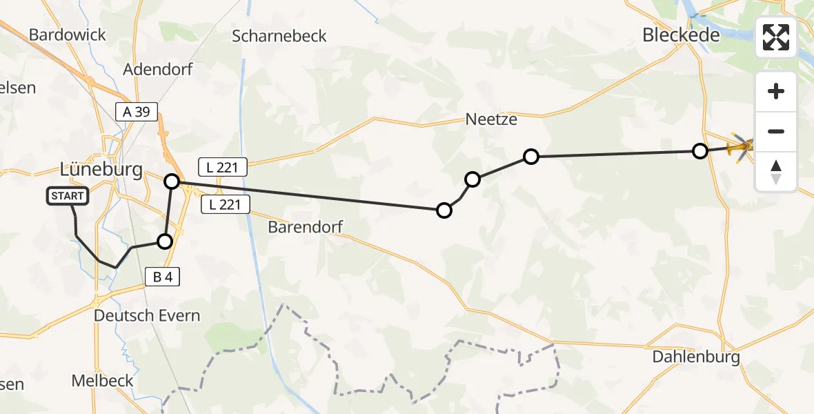 Flugroute Rettungshubschrauber Lüneburg - Bleckede, 23 April 2026, 15:39