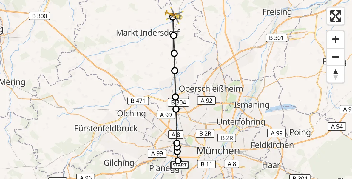 Flugroute Rettungshubschrauber DRF Air Rescue München Hubschrauberlandeplatz - Weichs, 23 April 2026, 15:41