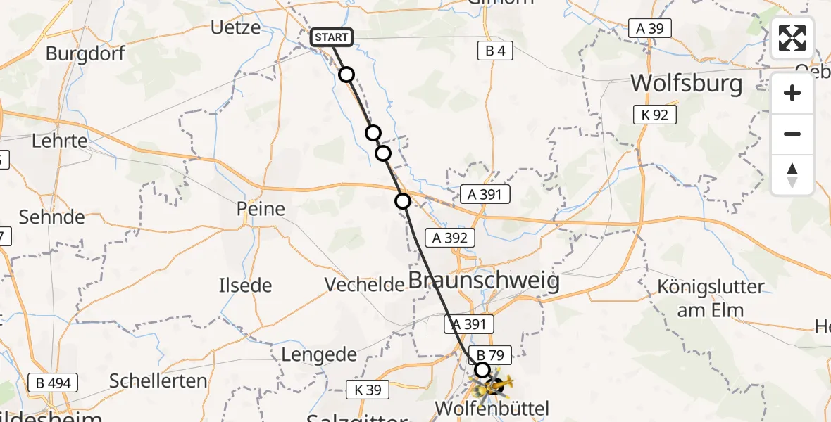 Flugroute Rettungshubschrauber Meinersen - Wolfenbüttel Municipal Hospital Heliport (Christoph 30), 23 April 2026, 15:46