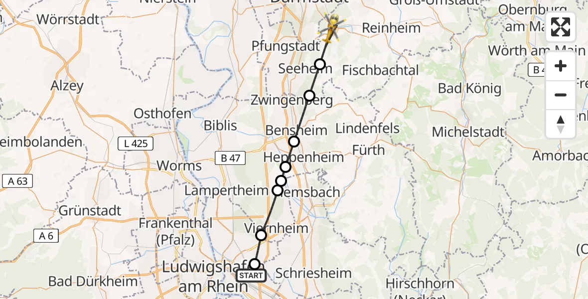 Flugroute Rettungshubschrauber Mannheim-City Flughafen - Mühltal, 23 April 2026, 15:46