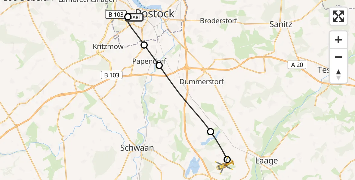 Flugroute Rettungshubschrauber Rostock University Hubschrauberlandeplatz - Flughafen Rostock-Laage, 23 April 2026, 15:50
