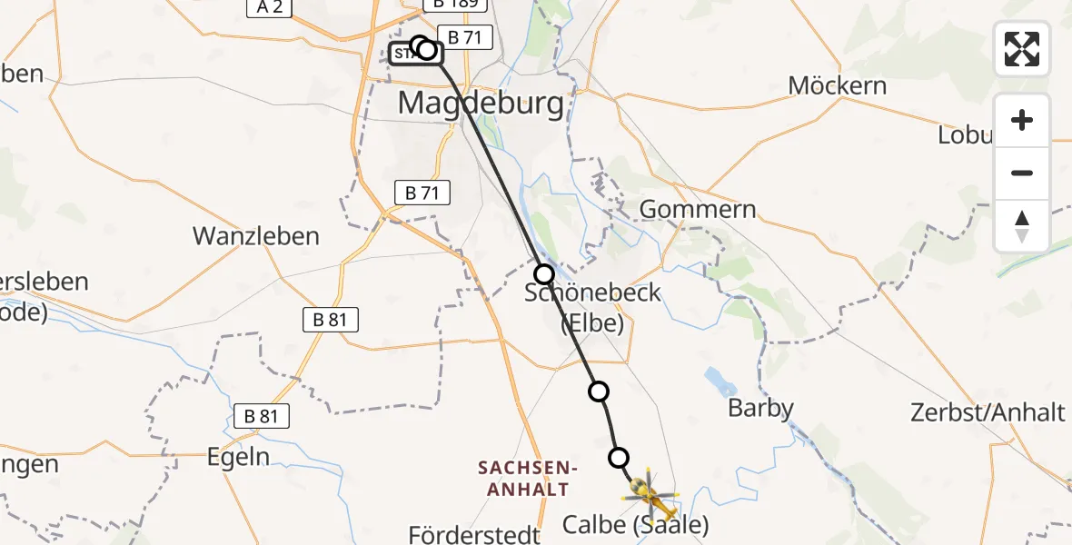 Flugroute Rettungshubschrauber Magdeburg Hospital - Calbe (Saale), 23 April 2026, 15:53