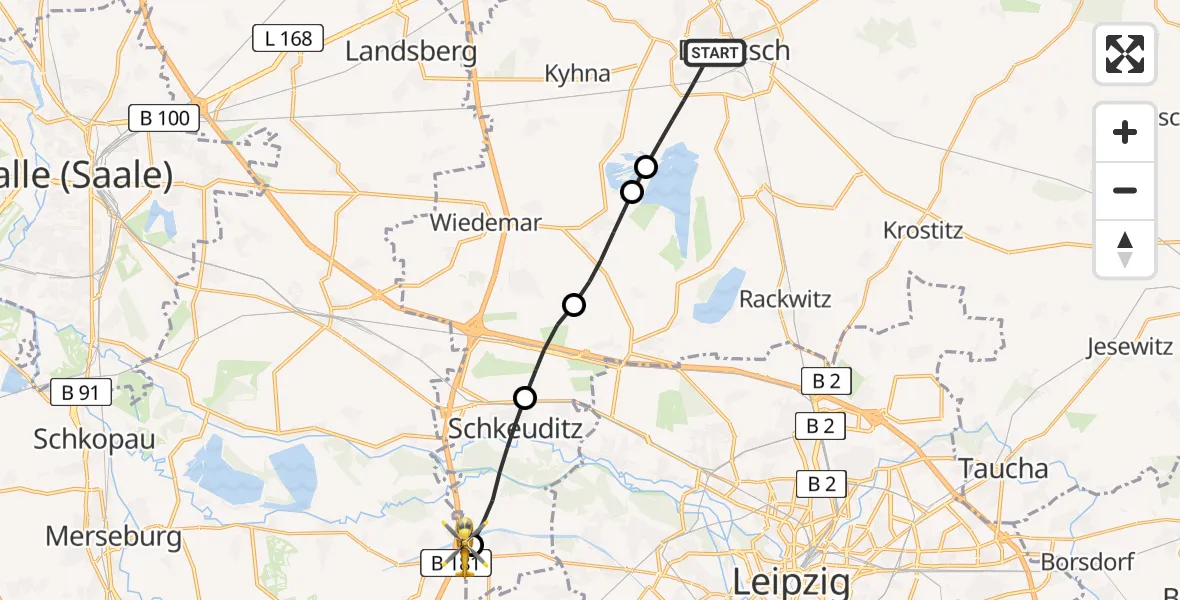 Flugroute Rettungshubschrauber Delitzsch - ADAC Air Rescue Station Leipzig/Schkeuditz-Dölzig Hubschrauberlandeplatz (Christoph 61), 23 April 2026, 15:54