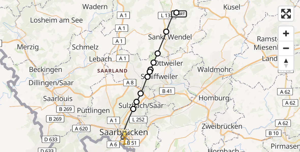 Flugroute Rettungshubschrauber Freisen - Saarbrücken, 23 April 2026, 15:56