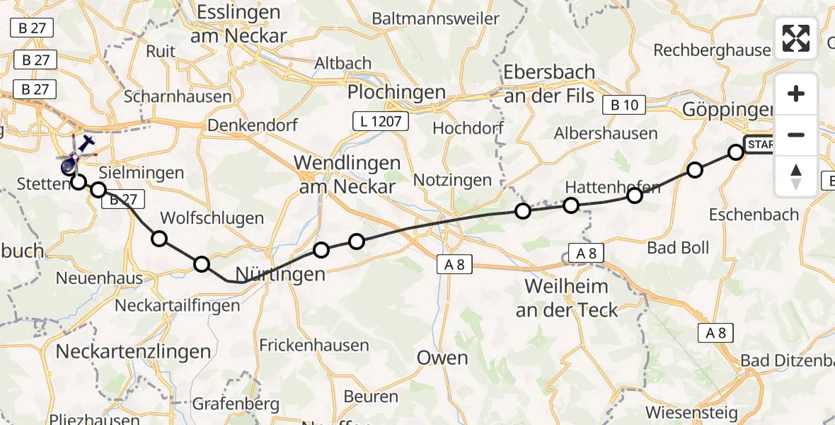Flugroute Polizeihubschrauber Göppingen - Flughafen Stuttgart, 23 April 2026, 16:00