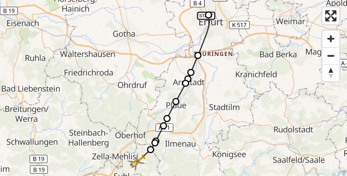 Flugroute Rettungshubschrauber Helios Clinic Erfurt - Suhl, 23 April 2026, 16:03