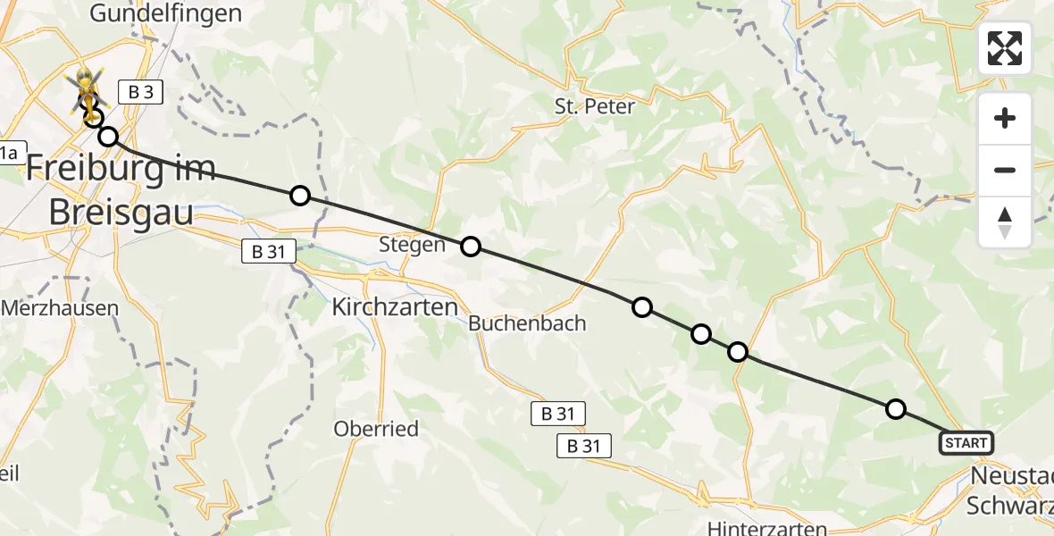 Flugroute Rettungshubschrauber Titisee-Neustadt - Freiburg im Breisgau Flugplatz, 23 April 2026, 16:05