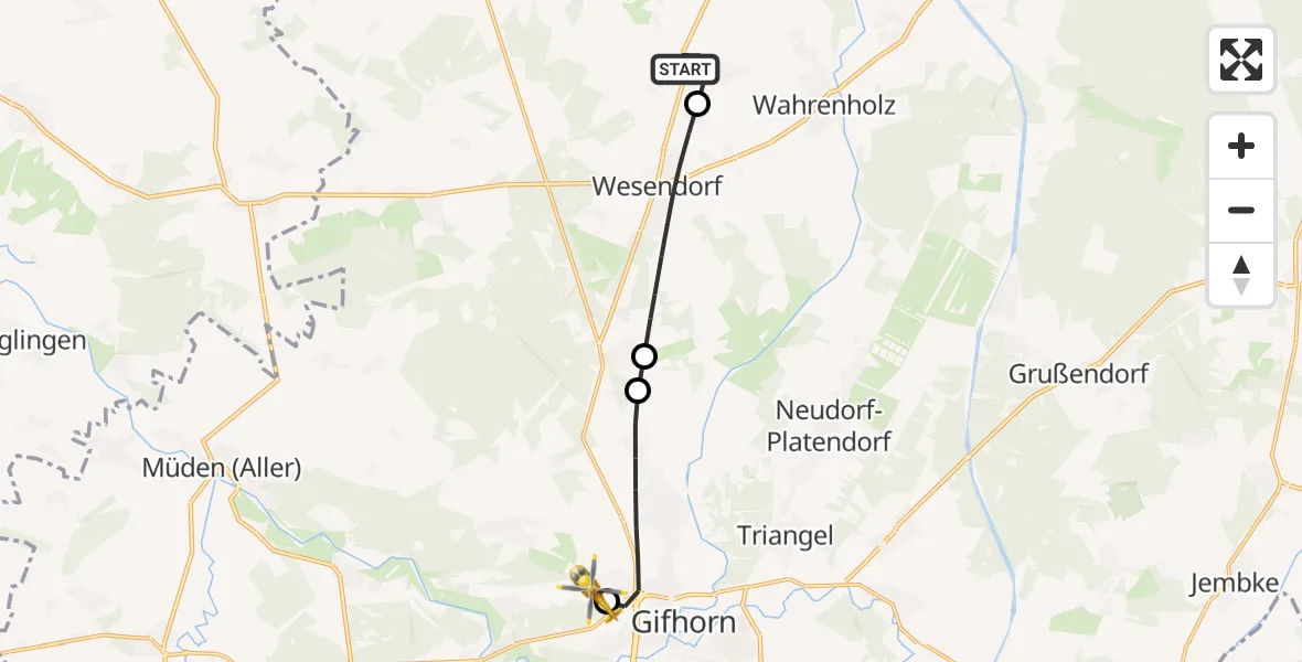 Flugroute Rettungshubschrauber Wahrenholz - Gifhorn Bundespolizei Hubschrauberlandeplatz, 23 April 2026, 16:07