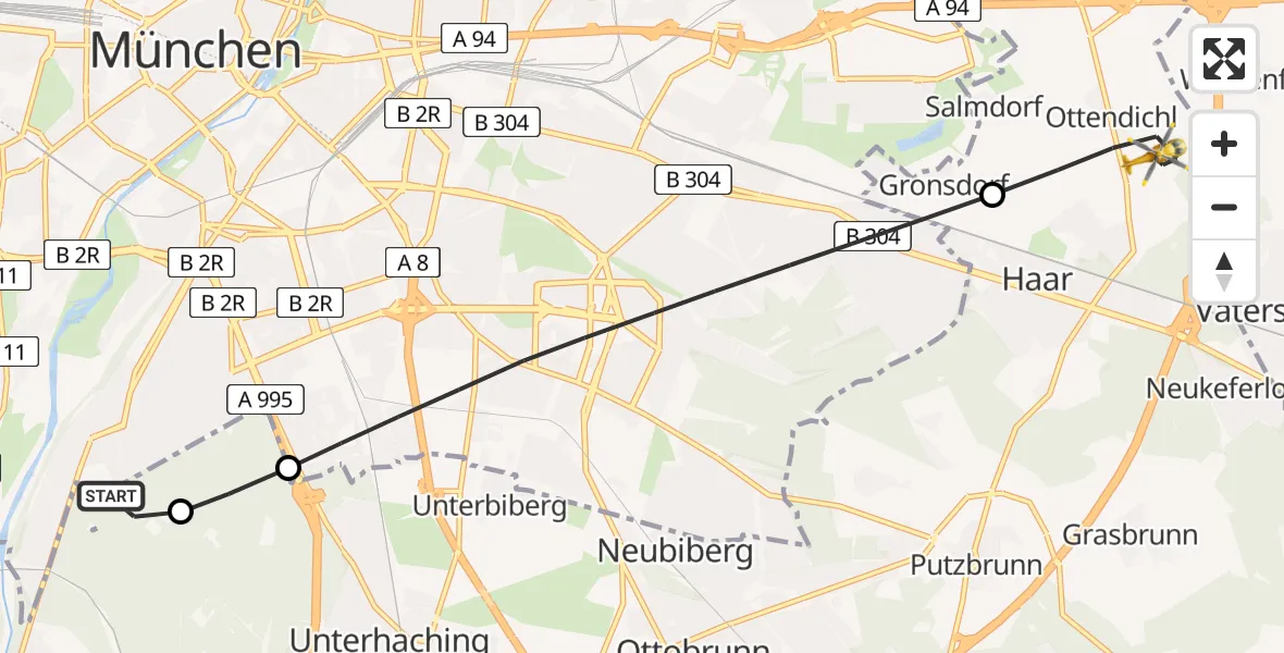 Flugroute Rettungshubschrauber ADAC Air Rescue Center Hubschrauberlandeplatz (Christoph 1) - Haar, 23 April 2026, 16:08