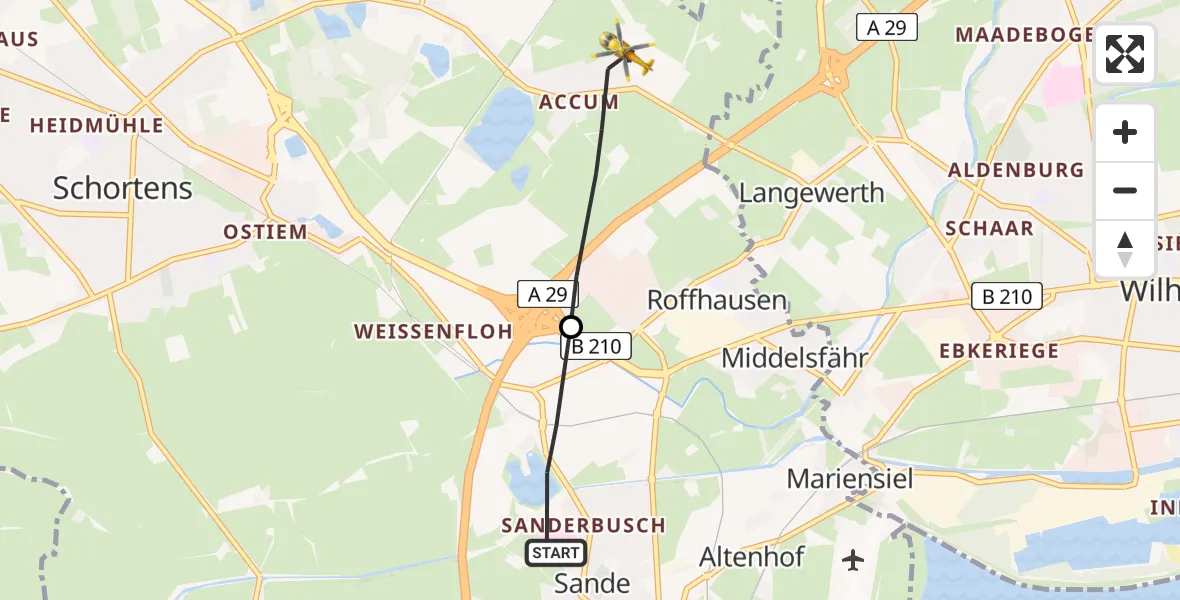 Flugroute Rettungshubschrauber Sande - Schortens, 23 April 2026, 16:11