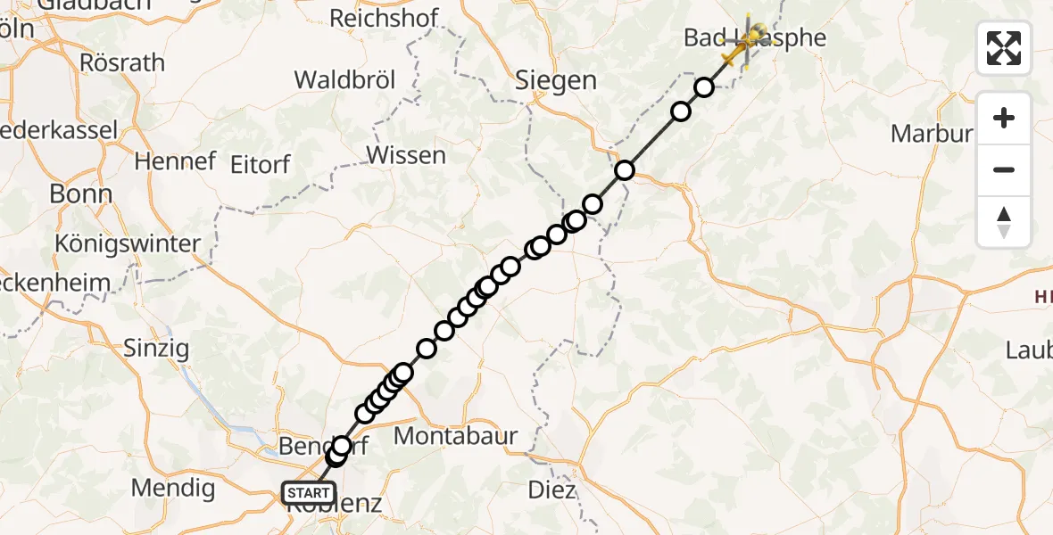 Flugroute Rettungshubschrauber Koblenz - Bad Laasphe, 23 April 2026, 16:13