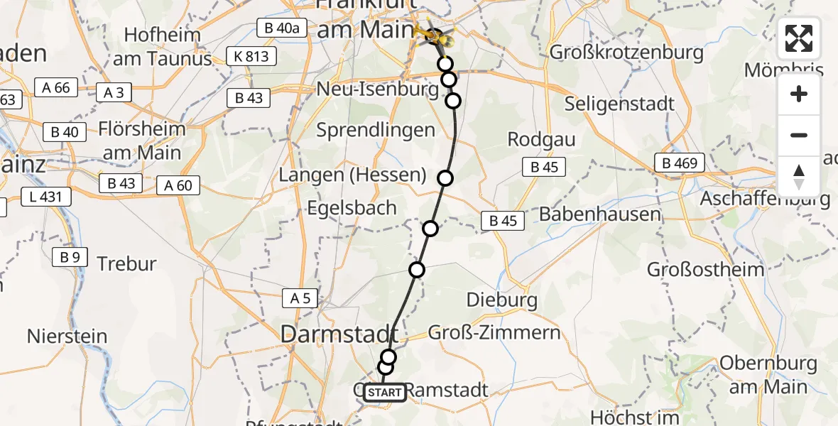 Flugroute Rettungshubschrauber Mühltal - Sana Hospital Offenbach, 23 April 2026, 16:23