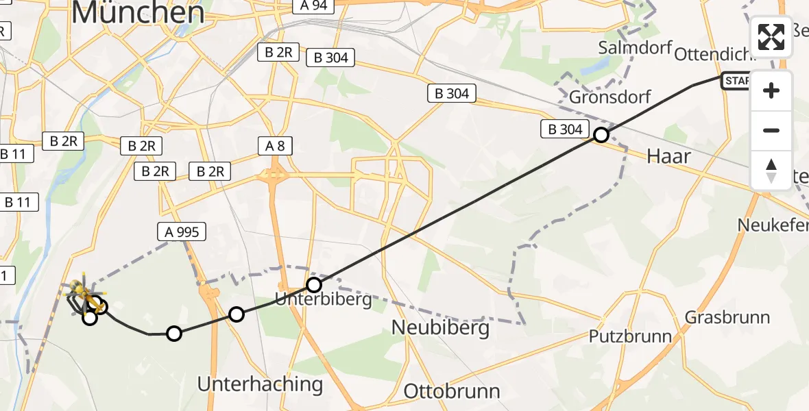 Flugroute Rettungshubschrauber Haar - ADAC Air Rescue Center Hubschrauberlandeplatz (Christoph 1), 23 April 2026, 16:25