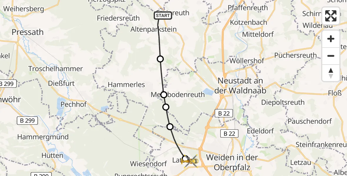 Flugroute Rettungshubschrauber Kirchendemenreuth - Weiden in der Oberpfalz Flugplatz, 23 April 2026, 16:33