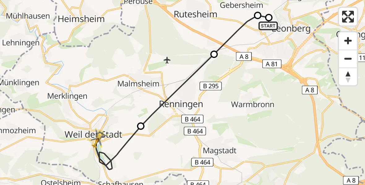 Flugroute Rettungshubschrauber Leonberg Hospital - Weil der Stadt, 23 April 2026, 16:35