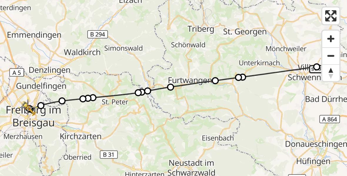 Flugroute Rettungshubschrauber DRF Air Rescue Station Villingen-Schwenningen Hubschrauberlandeplatz (Christoph 11) - Freiburg University Hospital Heliport 1, 23 April 2026, 16:46