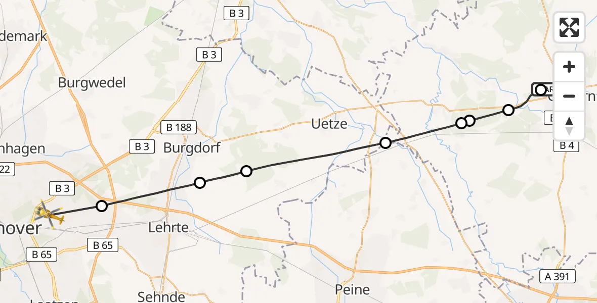 Flugroute Rettungshubschrauber Gifhorn Bundespolizei Hubschrauberlandeplatz - Hannover Luftrettung Hubschrauberlandeplatz (Christoph 4), 23 April 2026, 16:48