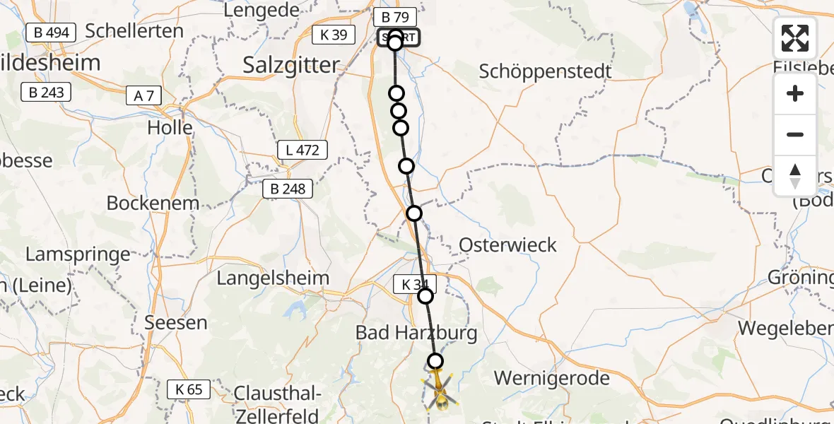 Flugroute Rettungshubschrauber Wolfenbüttel Municipal Hospital Heliport (Christoph 30) - Wernigerode, 23 April 2026, 16:54