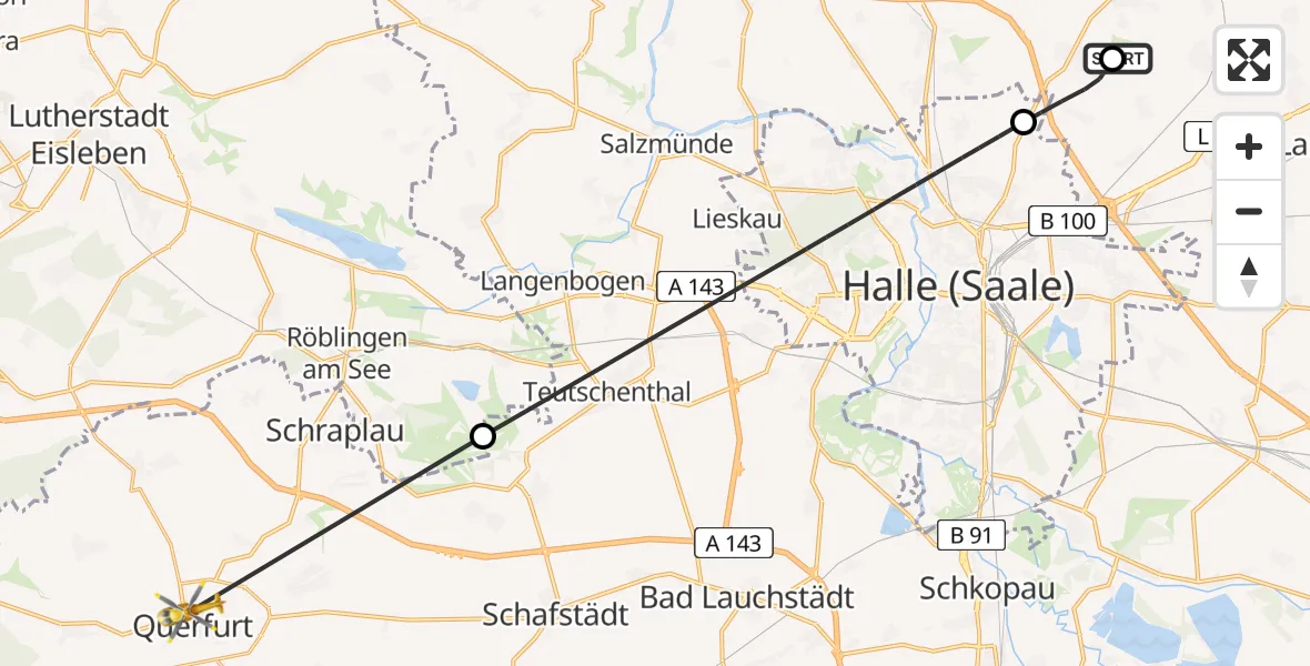 Flugroute Rettungshubschrauber Halle-Oppin Flugplatz - Querfurt, 23 April 2026, 17:00
