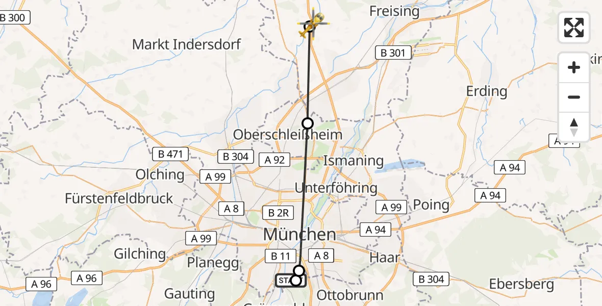 Flugroute Rettungshubschrauber ADAC Air Rescue Center Hubschrauberlandeplatz (Christoph 1) - Kranzberg, 23 April 2026, 17:00