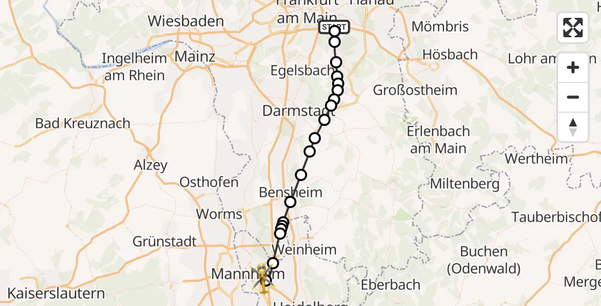 Flugroute Rettungshubschrauber Offenbach am Main - Mannheim-City Flughafen, 23 April 2026, 17:12