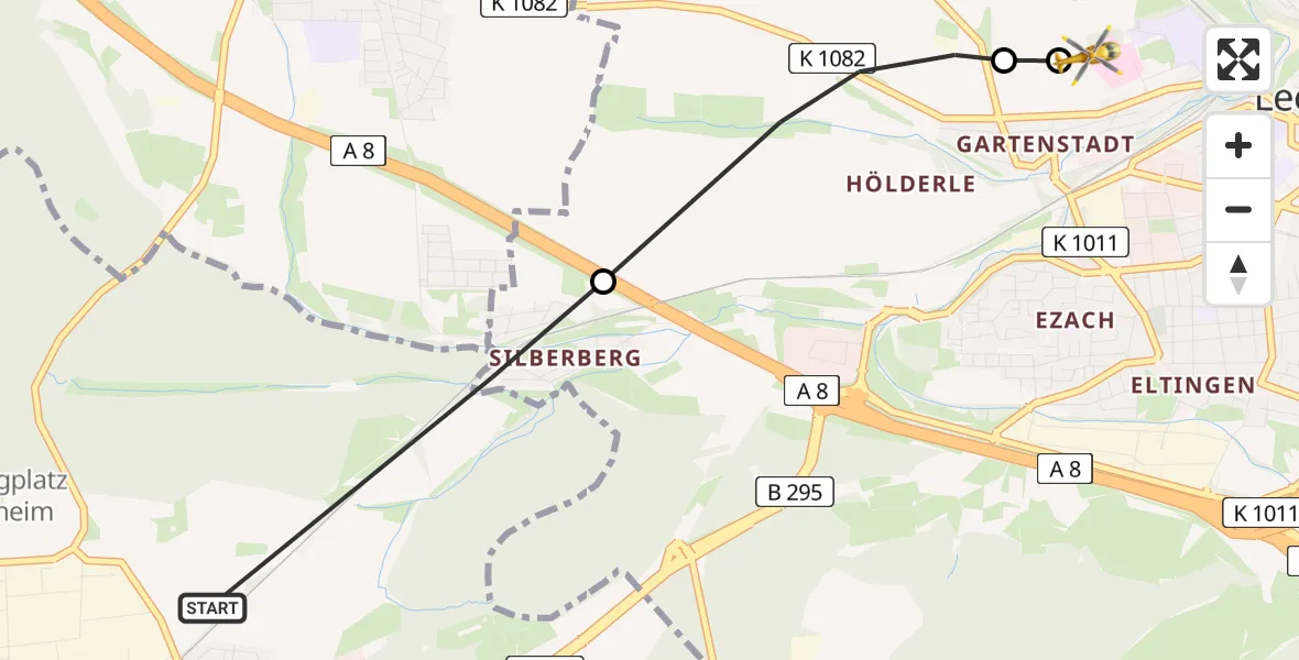 Flugroute Rettungshubschrauber Renningen - Leonberg Hospital, 23 April 2026, 17:12