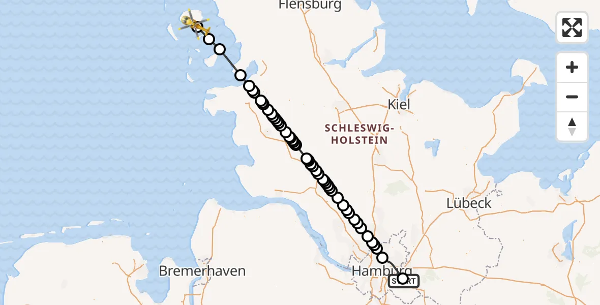 Flugroute Rettungshubschrauber Christoph Hansa ADAC Hubschrauberlandeplatz - Wyk auf Föhr, 23 April 2026, 17:21