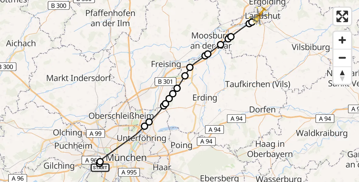 Flugroute Rettungshubschrauber DRF Air Rescue München Hubschrauberlandeplatz - Landshut Hospital, 23 April 2026, 17:31